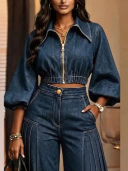 SHENGPALAE Women Suit Two Piece Denim Outfit Cropped Top Pleated Wide Leg Pants Puff Sleeve Vintage Streetwear Autumn 2026 New
