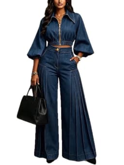 SHENGPALAE Women Suit Two Piece Denim Outfit Cropped Top Pleated Wide Leg Pants Puff Sleeve Vintage Streetwear Autumn 2026 New
