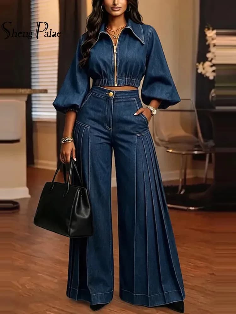 SHENGPALAE Women Suit Two Piece Denim Outfit Cropped Top Pleated Wide Leg Pants Puff Sleeve Vintage Streetwear Autumn 2026 New