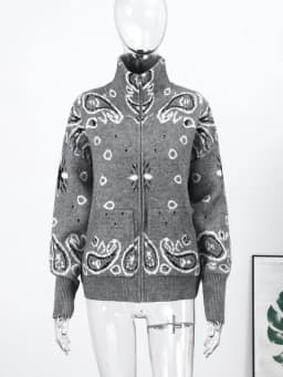 2026 Spring New Paisley Floral Print Knitted Cardigan Jacket Women Chic Long Sleeve Zipper Sweater Lady Casual Street Outerwear