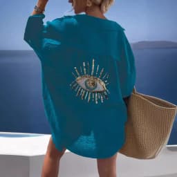 Evil Eye Casual Shirt Women's Fashion Beach Style Loose Button Sunscreen Cotton Linen Shirt Dress Summer Casual Women Top