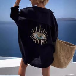 Evil Eye Casual Shirt Women's Fashion Beach Style Loose Button Sunscreen Cotton Linen Shirt Dress Summer Casual Women Top