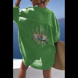 Evil Eye Casual Shirt Women's Fashion Beach Style Loose Button Sunscreen Cotton Linen Shirt Dress Summer Casual Women Top