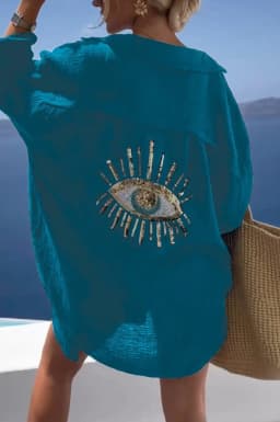 Evil Eye Casual Shirt Women's Fashion Beach Style Loose Button Sunscreen Cotton Linen Shirt Dress Summer Casual Women Top