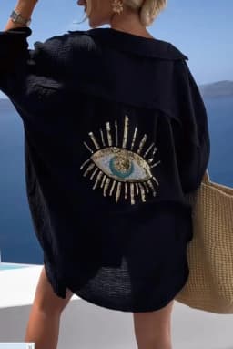 Evil Eye Casual Shirt Women's Fashion Beach Style Loose Button Sunscreen Cotton Linen Shirt Dress Summer Casual Women Top