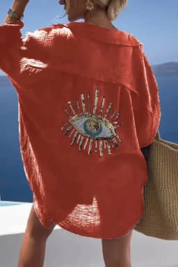 Evil Eye Casual Shirt Women's Fashion Beach Style Loose Button Sunscreen Cotton Linen Shirt Dress Summer Casual Women Top