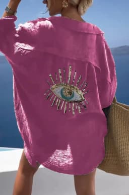 Evil Eye Casual Shirt Women's Fashion Beach Style Loose Button Sunscreen Cotton Linen Shirt Dress Summer Casual Women Top