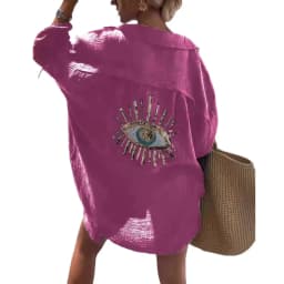Evil Eye Casual Shirt Women's Fashion Beach Style Loose Button Sunscreen Cotton Linen Shirt Dress Summer Casual Women Top