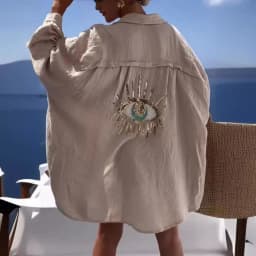 Evil Eye Casual Shirt Women's Fashion Beach Style Loose Button Sunscreen Cotton Linen Shirt Dress Summer Casual Women Top