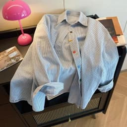 Vintage Denim Striped Oversized Shirt Beautiful Women's Blouses in Promotions Collared Shirt for Women's Spring Long Sleeved Top