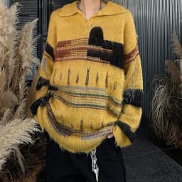 Stylish Mens Contrast Color Sweaters Autumn Winter Outdoor Casual Long Sleeve Lapel Knit Jumpers Men Vintage Knitited Polo Shirt
