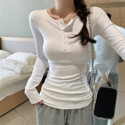 Women's Solid Plain Half Button Front Ribbed Tee Simple Fashion Pullover Top Casual Slim Fit Long Sleeve Round Neck T-Shirt 2026