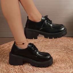 Women Block Heel Platform Oxford Shoes Lace Up Chunky Lug Sole Round Toe Vintage Preppy Casual Dress Shoes Black Brown