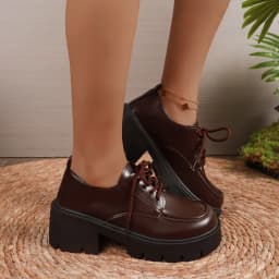 Women Block Heel Platform Oxford Shoes Lace Up Chunky Lug Sole Round Toe Vintage Preppy Casual Dress Shoes Black Brown