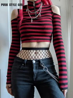 Punk Y2k Red Stripe T Shirt Women Zipper Sexy Off Shoulder Bodycon T-shirt 2000S Gothic Mall Knitted Crop Top Fairy Alt Clothes