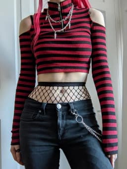 Punk Y2k Red Stripe T Shirt Women Zipper Sexy Off Shoulder Bodycon T-shirt 2000S Gothic Mall Knitted Crop Top Fairy Alt Clothes