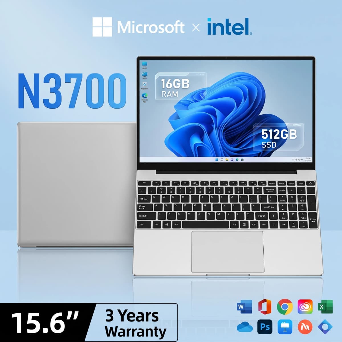 LENO 15.6" Laptop Ultra Slim Windows 11 Intel N3700 16GB RAM 2TB SSD Notebook Gamer 1920*1080 Display Office Study Computer PC