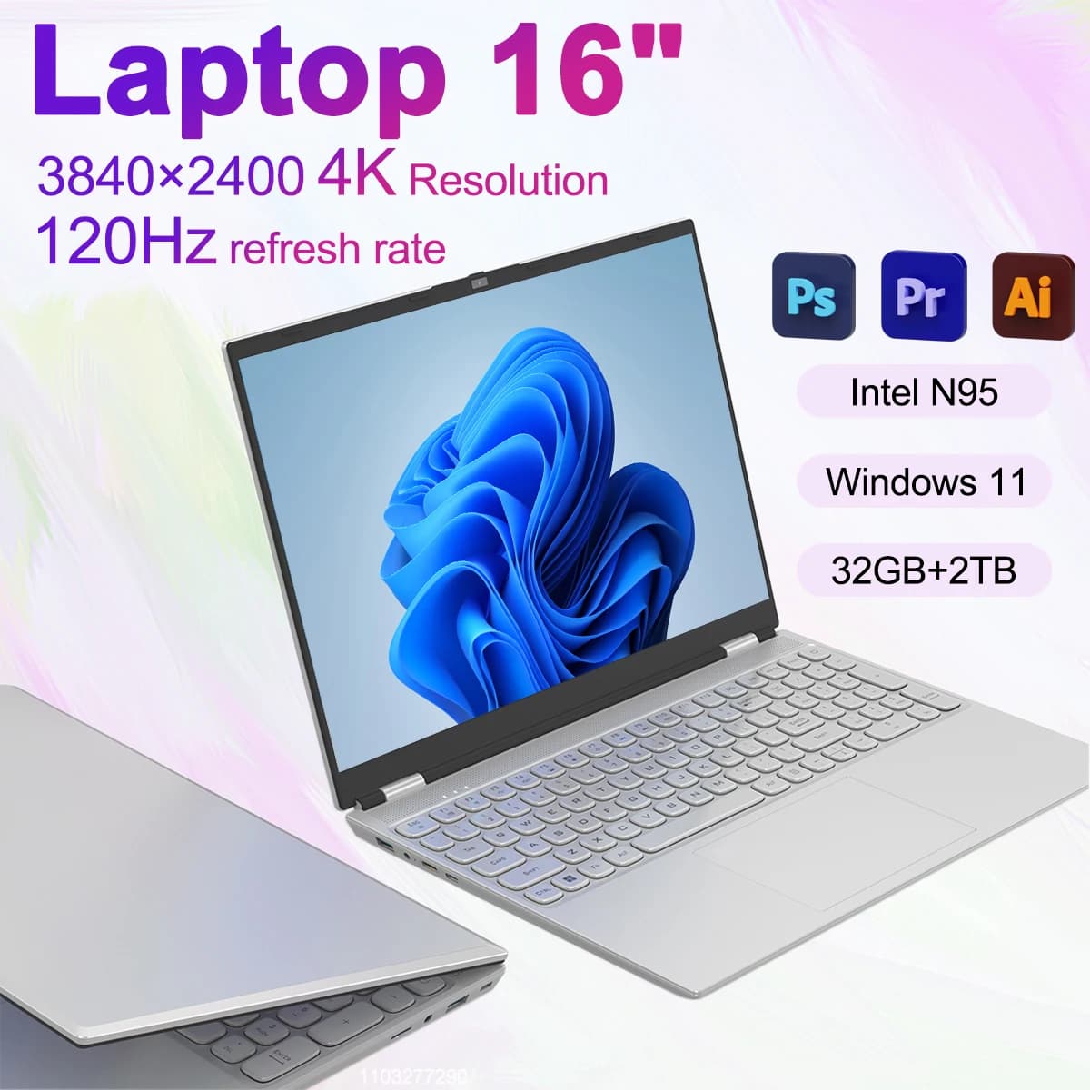 16 Inch 4K Windows 11 Pro Laptop | Intel 12th Gen N95 32GB DDR4 + 2TB M.2 SSD All-Round Notebook Fingerprint Unlock