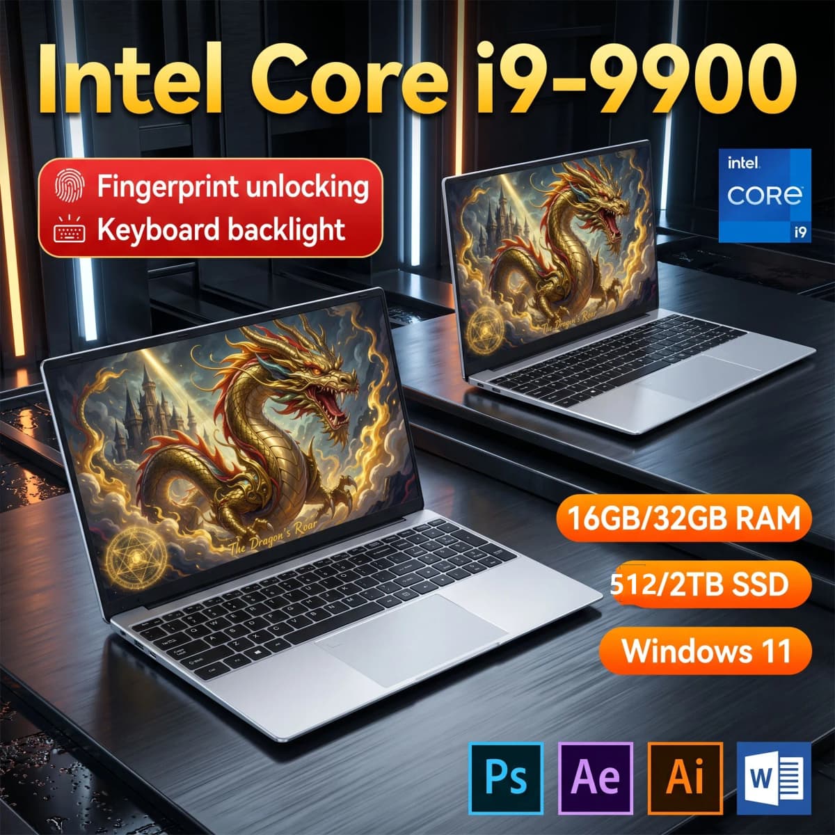 [3-Year Warranty] 15.6" Ultra Slim Laptop Intel Core I9-9900 32GB RAM 2TB SSD Windows 11 High-Performance Portable Notebook