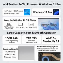 New Ultra Slim Laptop 14.1" 16Gb Ram 2Tb Ssd Intel 4405U Gaming Pc 1920*1080 Display Office Study Computer Pc Windows 11 Pro