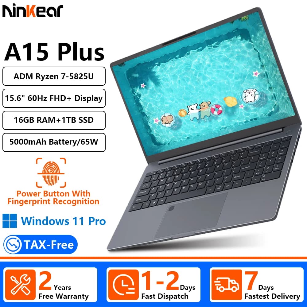[Ship From Within Europe]Ninkear A15 Plus Laptop AMD Ryzen 7 5825U 15.6" FHD+ Display 16GB RAM+1TB SSD Wi-Fi 6 Bluetooth 4.0 Windows 11 Pro 63.52Wh Battery 65W Charging