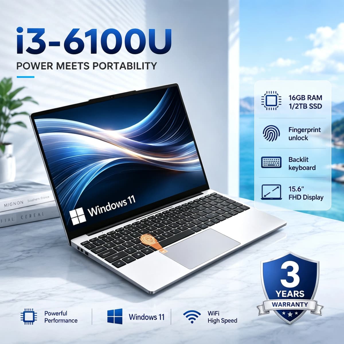 Xiaman Business Laptops 15.6" Intel Notebook PC Ultra Slim Laptop Intel Core i3-6100U 16GB RAM 1TB SSD Windows 11 Office Gaming Study Home Use Compute Fingerprint unlock Backlit Keyboard