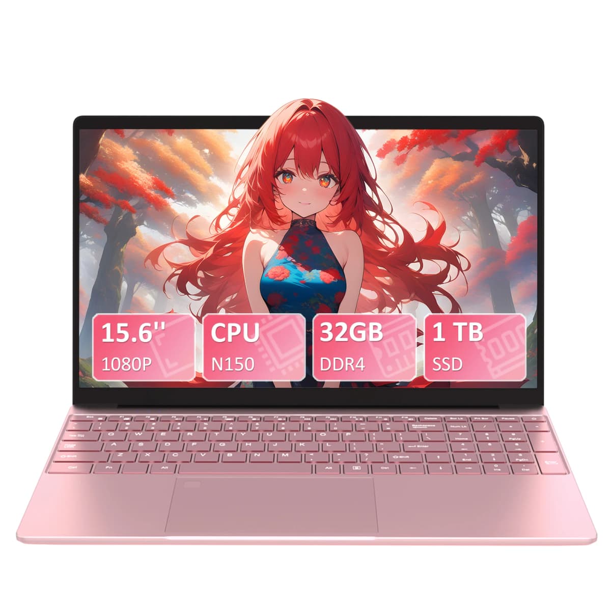 Pink 15.6" Fhd Ips Laptop with Intel N150, 32Gb Ddr4 Ram, 1Tb Ssd, Windows 11 Pro, 1920X1080, Dual Band Wifi, Bluetooth 5.0 - Notebook, Portable Computer for Work and School