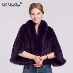 Ms.MinShu Women's Shawl Sleeveless Hand Woven Natural Mink Cape With Fox Fur Collar Trim