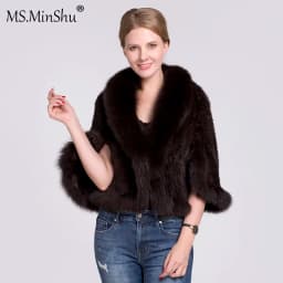 Ms.MinShu Women's Shawl Sleeveless Hand Woven Natural Mink Cape With Fox Fur Collar Trim