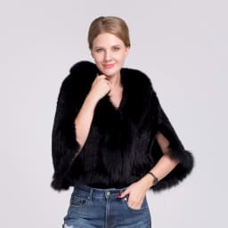 Ms.MinShu Women's Shawl Sleeveless Hand Woven Natural Mink Cape With Fox Fur Collar Trim