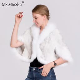 Ms.MinShu Women's Shawl Sleeveless Hand Woven Natural Mink Cape With Fox Fur Collar Trim