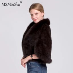 Ms.MinShu Women's Shawl Sleeveless Hand Woven Natural Mink Cape With Fox Fur Collar Trim