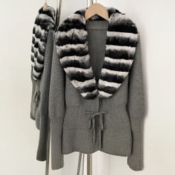 OFTBUY New Women's 100% Cotton Knit Cardigan with Striped Rex Rabbit Fur Drawstring Waist Slim Fit Jacket Warm Winter Outerwear