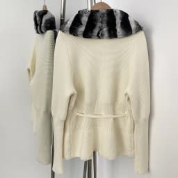 OFTBUY New Women's 100% Cotton Knit Cardigan with Striped Rex Rabbit Fur Drawstring Waist Slim Fit Jacket Warm Winter Outerwear