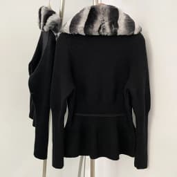 OFTBUY New Women's 100% Cotton Knit Cardigan with Striped Rex Rabbit Fur Drawstring Waist Slim Fit Jacket Warm Winter Outerwear