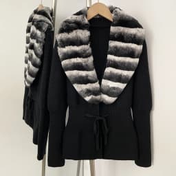 OFTBUY New Women's 100% Cotton Knit Cardigan with Striped Rex Rabbit Fur Drawstring Waist Slim Fit Jacket Warm Winter Outerwear