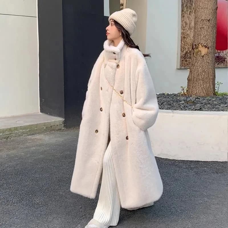Ladies' Long Over-Knee Thickened Sheepskin Coat Korean Style Loose Fit Rabbit Fur Outerwear Warm Commute Style Button Detail
