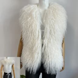 BEIZIRU Women's Fluffy Luxury Real Mongolian Fur Halter Vest Sleeveless Deep V-Neck Solid Top Outerwear