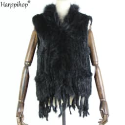 womens natural real rabbit fur vest with raccoon fur collar waistcoat/jackets with pocket rex rabbit knitted winter