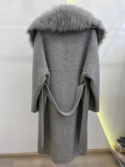 2025 Fashion Winter Long Women Wool Cashmere Blended Coat Big Real Silver Fox Fur Collar Luxury Jacket With Belt Outwear