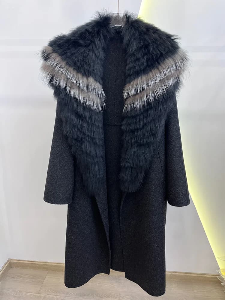 2025 Fashion Winter Long Women Wool Cashmere Blended Coat Big Real Silver Fox Fur Collar Luxury Jacket With Belt Outwear