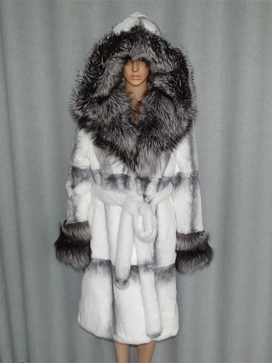FURTJY Natural Fur Real Fur Coat Lexus Natural Rabbit Fur Coat Woman Fox Fur Collar Thick Warm Overcoat Luxury Outerwear
