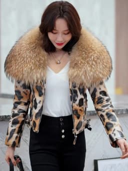 OFTBUY 2025 Luxury Winter Women Genuine Leather Short Brand Women Sheepskin Leopard Print Motorcycle Jacket Big Fur Collar Slim