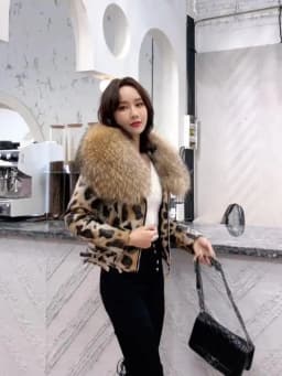 OFTBUY 2025 Luxury Winter Women Genuine Leather Short Brand Women Sheepskin Leopard Print Motorcycle Jacket Big Fur Collar Slim