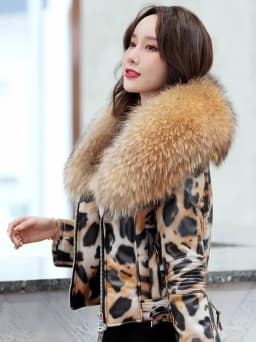 OFTBUY 2025 Luxury Winter Women Genuine Leather Short Brand Women Sheepskin Leopard Print Motorcycle Jacket Big Fur Collar Slim
