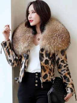 OFTBUY 2025 Luxury Winter Women Genuine Leather Short Brand Women Sheepskin Leopard Print Motorcycle Jacket Big Fur Collar Slim