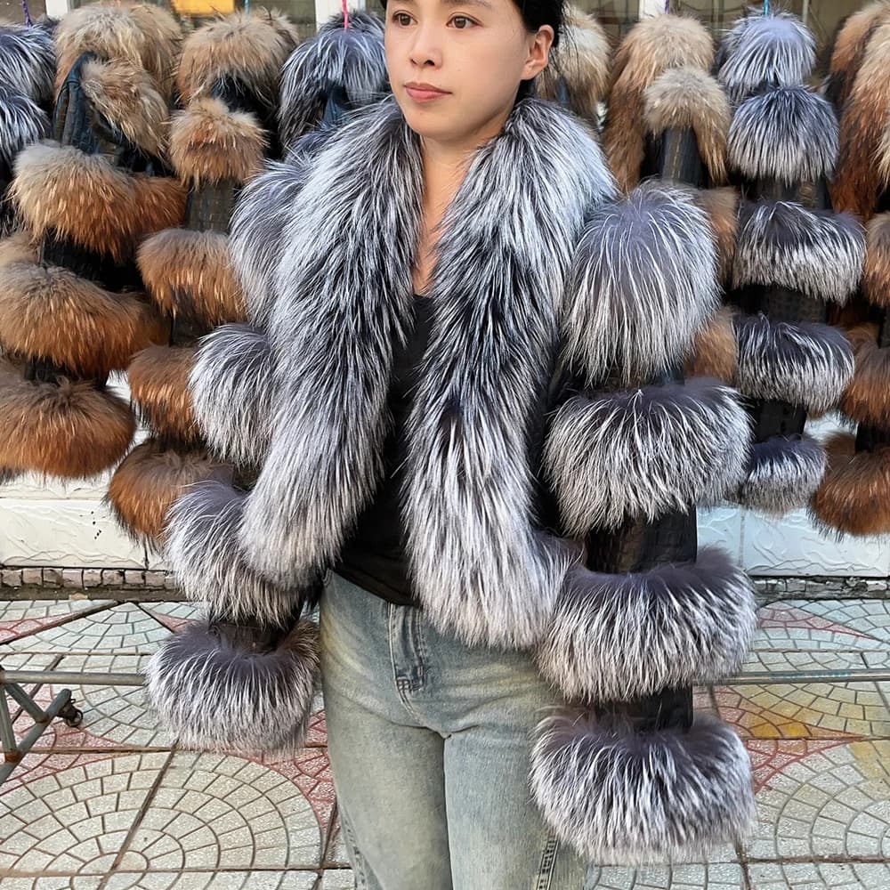 QUEENTINA Real Fur Coat New Outwears Alligator Women's Fashion Luxury Jacket Alligator Clothing Natural Fox Fur 2024