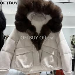 OFTBUY Warm Big Natural Fur Collar Hooded Coat Women New Winter Short Puffer Clothing Fashion Jacket with Fur for Female