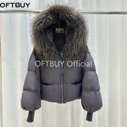 OFTBUY Women Hooded Real Rccoon Fur Duck Down Parkas Fashion Zipper Pocket Thick Short Puffer Coat Jacket with Fur for Female