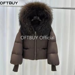OFTBUY Women Hooded Real Rccoon Fur Duck Down Parkas Fashion Zipper Pocket Thick Short Puffer Coat Jacket with Fur for Female